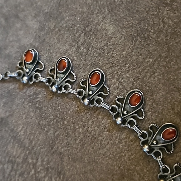 VTG Sterling Silver Red Gemstone Teardrop Colonial Goth Chain Necklace - Picture 6 of 8